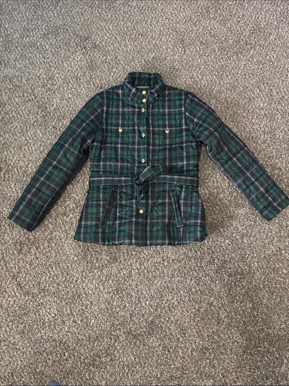 J. Crew Size Small Plaid Belt Waist Puffer Down Jacket front zip button closure